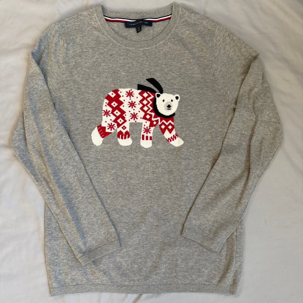 Tommy Hilfiger Gray, Polar Bear with Scarf, Jewel Neck Sweater- M